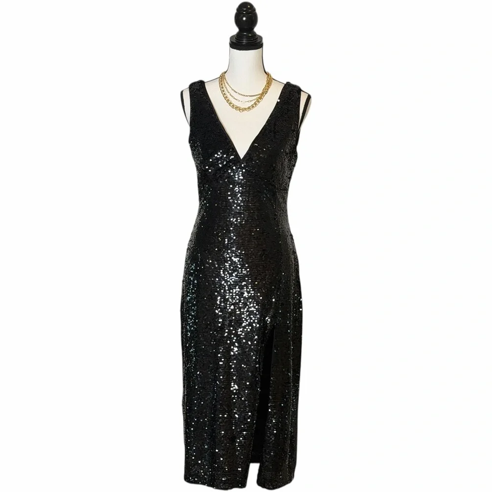 Lulus Shimmering Nights Black Sequin Sleevless Midi Dress- M